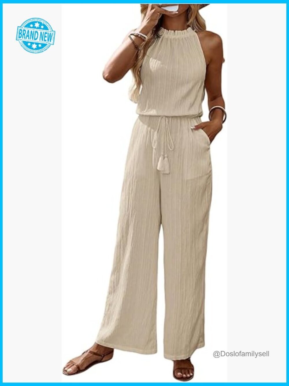 Summer Halter Jumpsuit Wide Leg Sleeveless Dressy Long Romper with Pockets